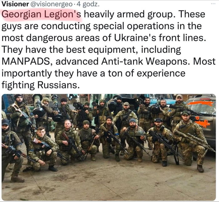 Visioner visionergeo 4 godz Georgian Legions heavily armed group These guys are conducting special operations in the most dangerous areas of Ukraines front lines They have the best equipment including MANPADS advanced Anti tank Weapons Most importantly they have a ton of experience fighting Russians n IR
