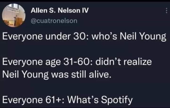 LUCHA EEL CITED EIERT Everyone under 30 whos Neil Young SVETSYe Ta CIE T CR A BC OR To RA F F NERV AEE ETN Everyone 61 Whats Spotify