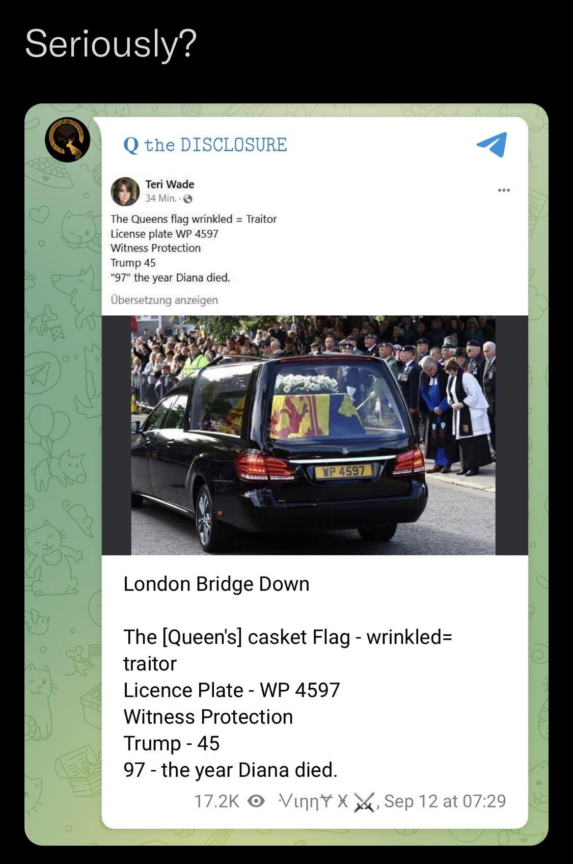 SEIgleIVE Y London Bridge Down The Queens casket Flag wrinkled traitor Licence Plate WP 4597 Witness Protection Trump 45 97 the year Diana died