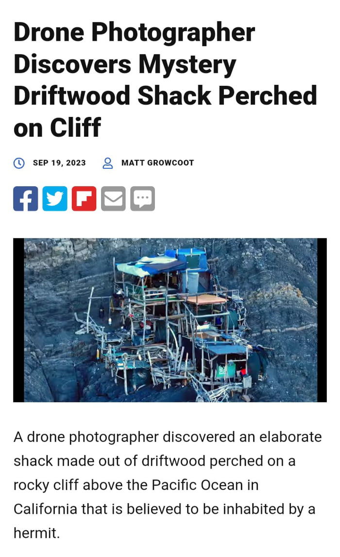 Drone Photographer Discovers Mystery Driftwood Shack Perched on CIiff sep192023 2 MATT GROWCOOT vre A drone photographer discovered an elaborate shack made out of driftwood perched on a rocky cliff above the Pacific Ocean in California that is believed to be inhabited by a hermit