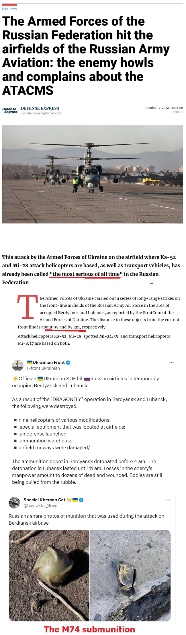 The Armed Forces of the Russian Federation hit the airfields of the Russian Army Aviation the enemy howls and complains about the ATACMS ogiges DEFENSE EXPRESS ockter 72620 1ot This attack by the Armed Forces of Ukraine on the airfield where Ka 52 and Mi 28 attack helicopters are based as well as transport vehicles has already been called the most serious of all time in the Russian Federation he A