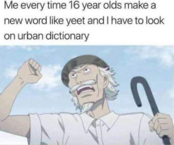 Me every time 16 year olds make a new word like yeet and have to look on urban dictionary