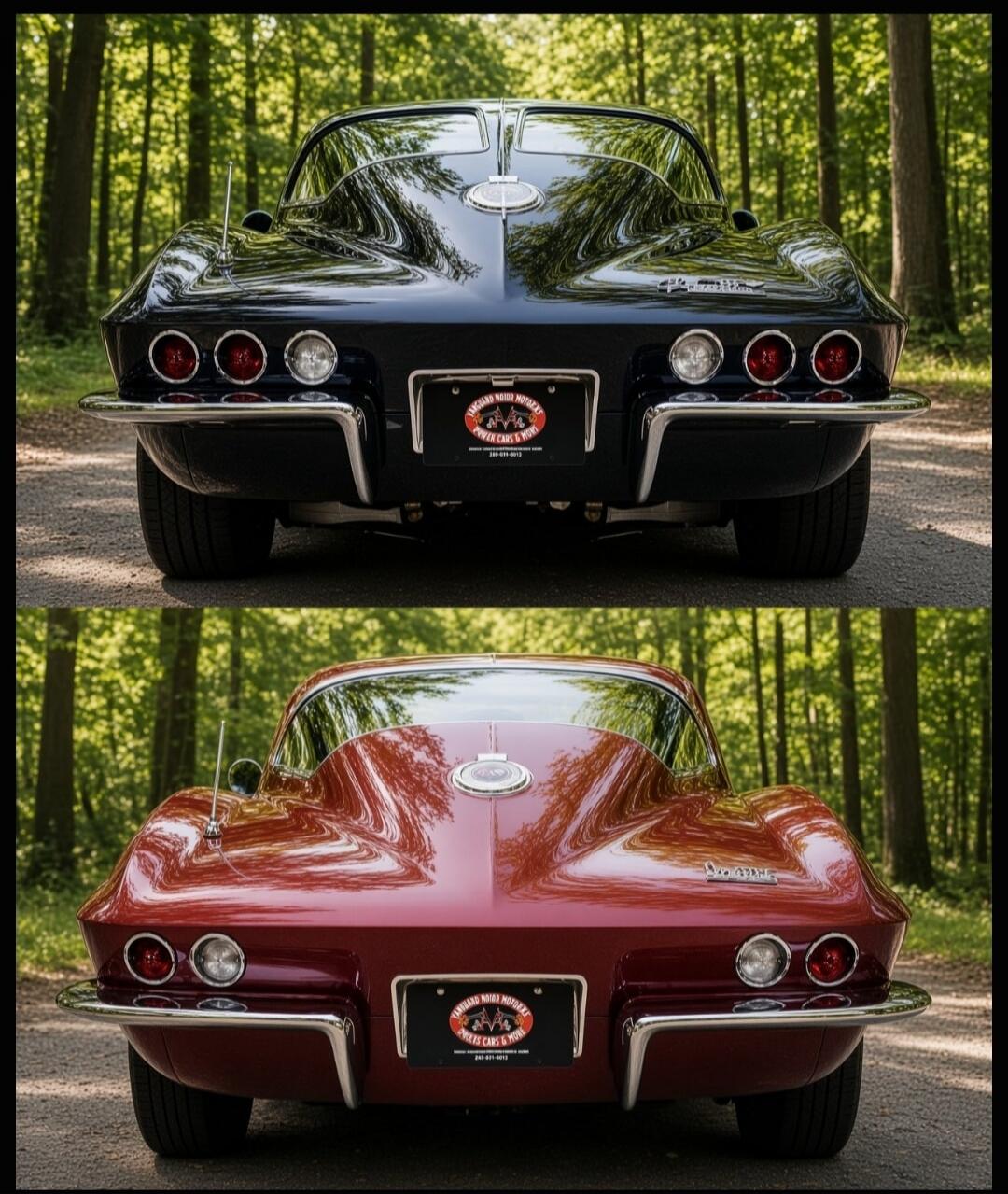 Vanguard Motor Sales. Power Cars & More. 248-971-0013. Two classic Chevrolet Corvettes, one black and one red, shown from the rear.