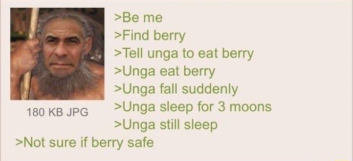 i Anonymous 040521Mon175517 No63067891 Be me Find berry Tell unga to eat berry Unga eat berry Unga fall suddenly 180KBUPG Unga sleep for 3 moons Unga still sleep Not sure if berry safe
