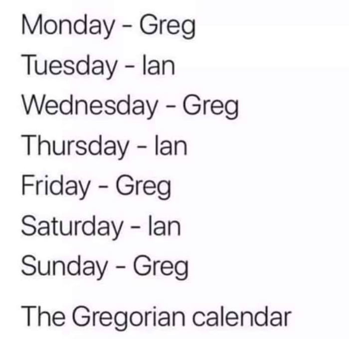 Monday Greg Tuesday lan Wednesday Greg Thursday lan Friday Greg Saturday lan Sunday Greg The Gregorian calendar