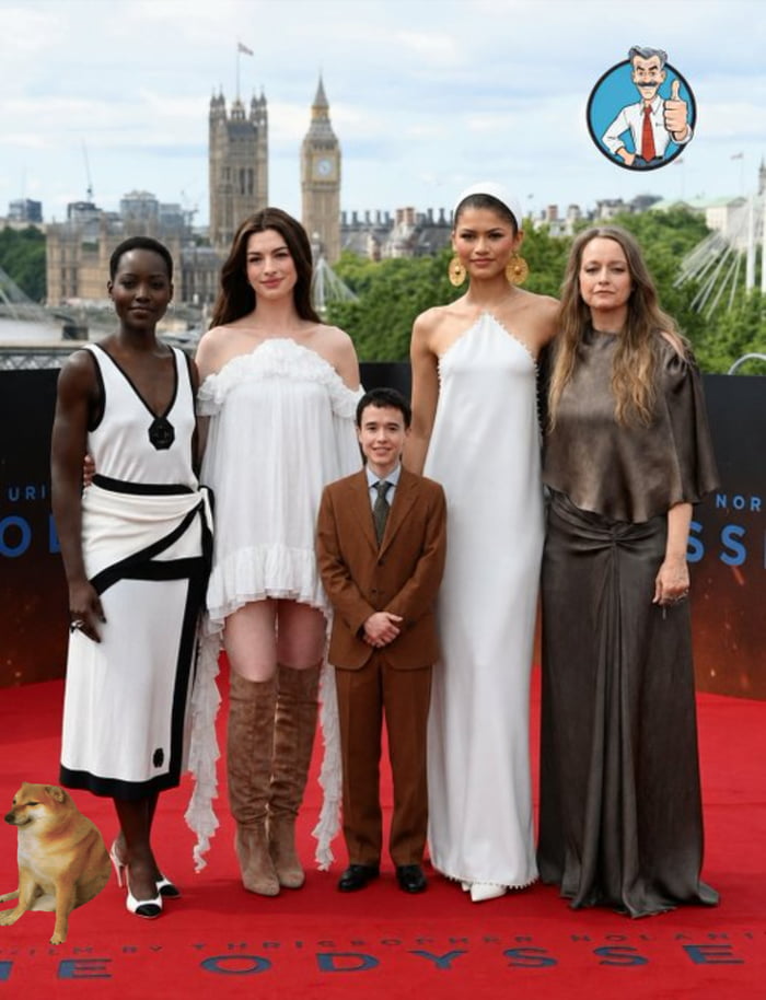 Lupita Nyong'o, Anne Hathaway, Elliot Page, Zendaya, and Jodie Foster pose on a red carpet with Big Ben in the background. A Cheems dog meme is photoshopped in the foreground. Text on the carpet reads 'ODYSSEY'.
