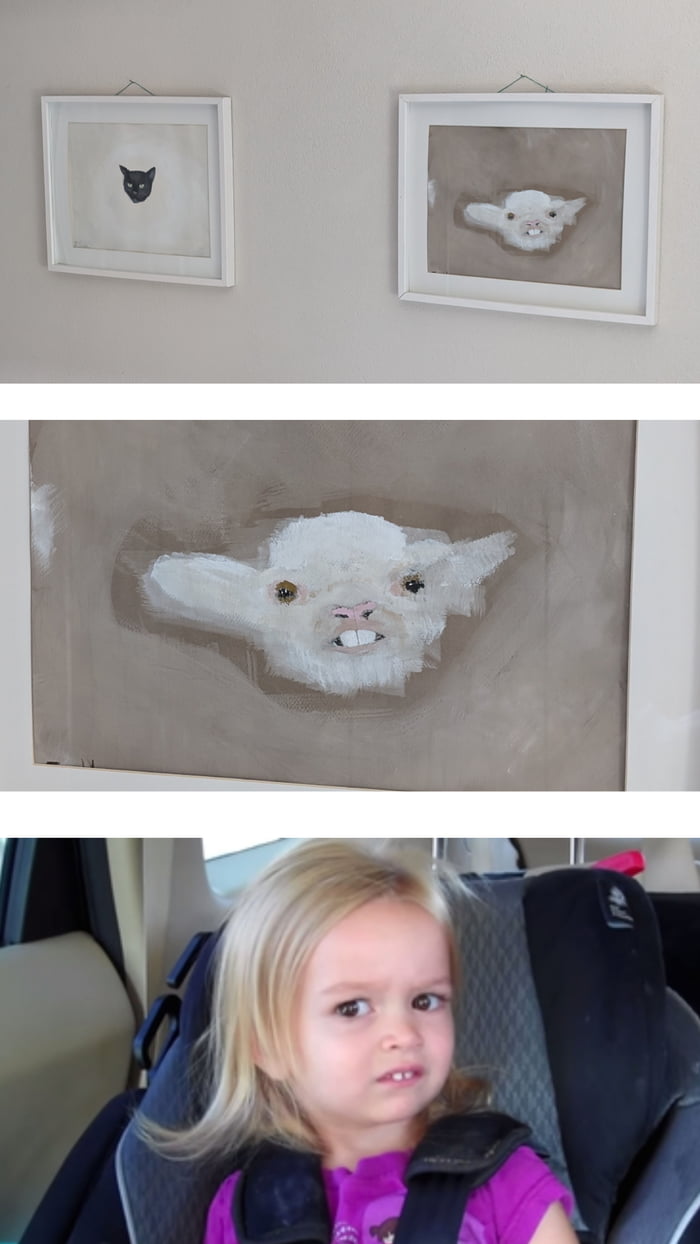 Two framed pictures on a wall, one of a black cat and another of a white sheep with a strange, human-like grin. A close-up shows the sheep's head with prominent teeth. A young girl in a car seat makes a confused or disgusted face, reacting to the image.