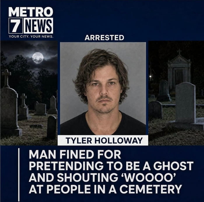 METRO 7 NEWS YOUR CITY. YOUR NEWS. ARRESTED TYLER HOLLOWAY MAN FINED FOR PRETENDING TO BE A GHOST AND SHOUTING 'WOOOO' AT PEOPLE IN A CEMETERY