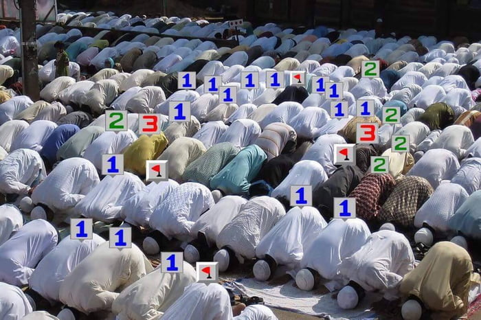 A large crowd of people, likely Muslims, are performing prayer, prostrating on the ground. The image has several overlaid numbers and flags: blue '1's, green '2's, red '3's, and red flags with '1's.