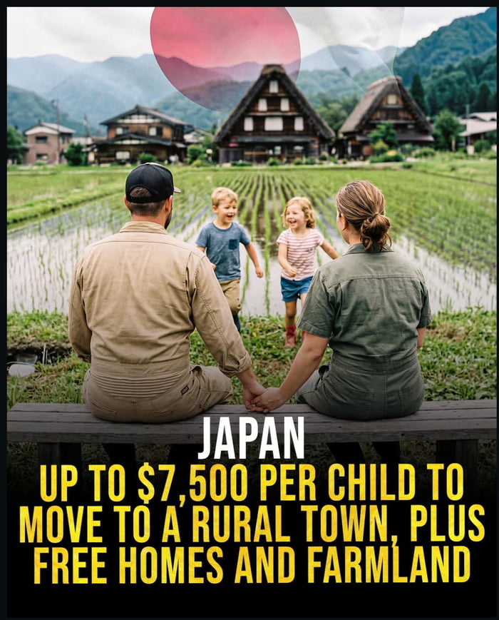JAPAN UP TO $7,500 PER CHILD TO MOVE TO A RURAL TOWN, PLUS FREE HOMES AND FARMLAND
