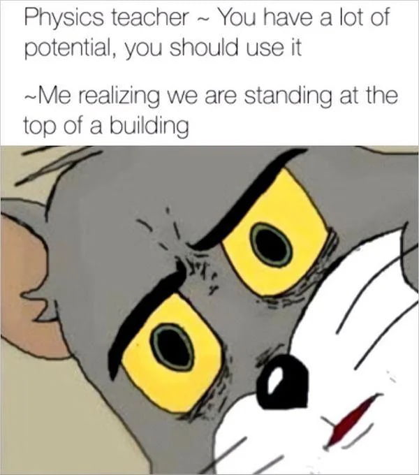 Physics teacher ~ You have a lot of potential, you should use it ~Me realizing we are standing at the top of a building