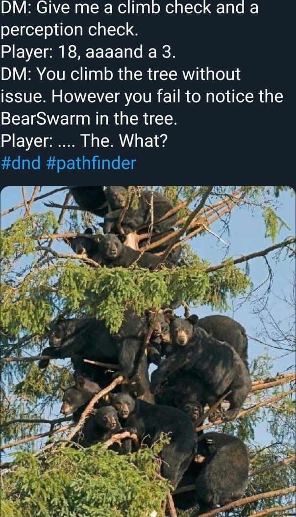 DM Give me a climb check and a perception check TR R EEE o R DM You climb the tree without issue However you fail to notice the BearSwarm in the tree Player The What dnd pathfinder