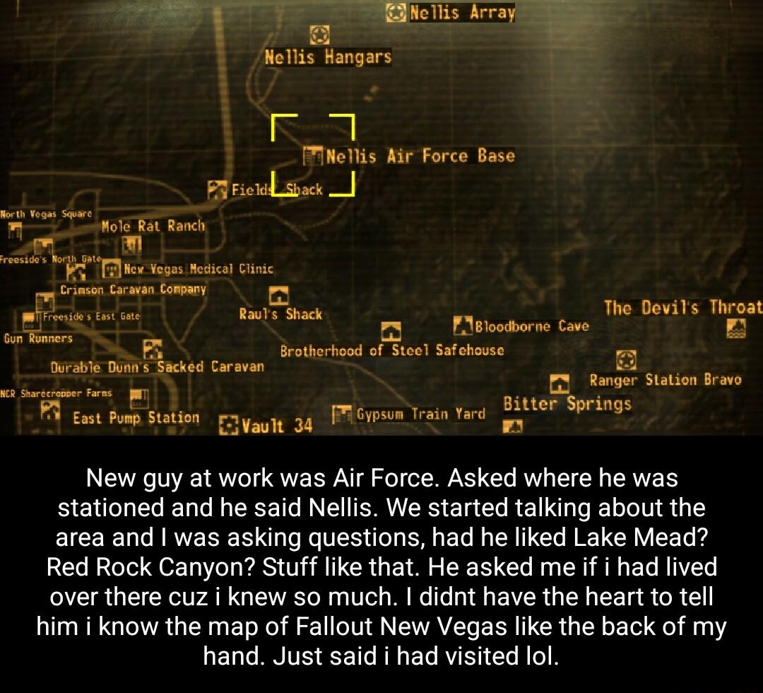 i s Seve V 3 Nellis Hangars 1 1 TNellis Air Force Base e e gt T L LT B g e Votcsnd ot Sl s w0 e T o e e SR T o Ranger Station B Bl Spings New guy at work was Air Force Asked where he was stationed and he said Nellis We started talking about the area and was asking questions had he liked Lake Mead Red Rock Canyon Stuff like that He asked me if i had lived over there cuz i knew so much didnt have th