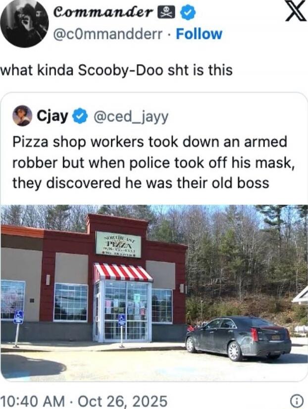 what kinda Scooby-Doo sht is this
Pizza shop workers took down an armed robber but when police took off his mask, they discovered he was their old boss