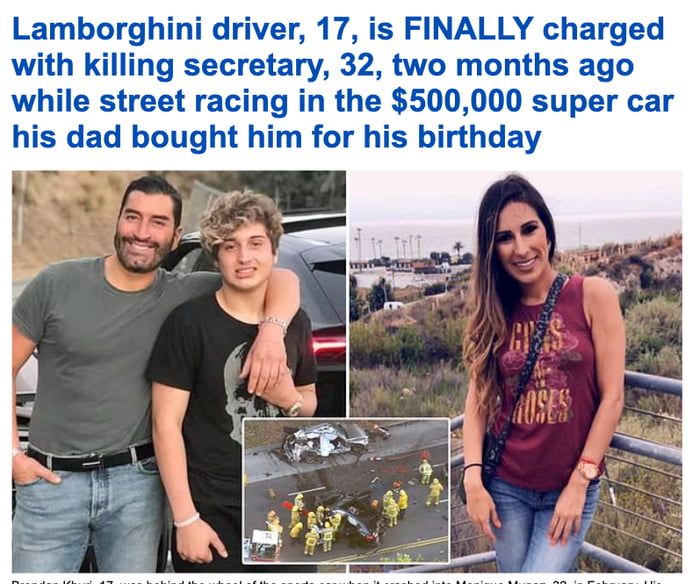 Lamborghini driver 17 is FINALLY charged with killing secretary 32 two months ago while street racing in the 500000 super car his dad bought him for his birthday