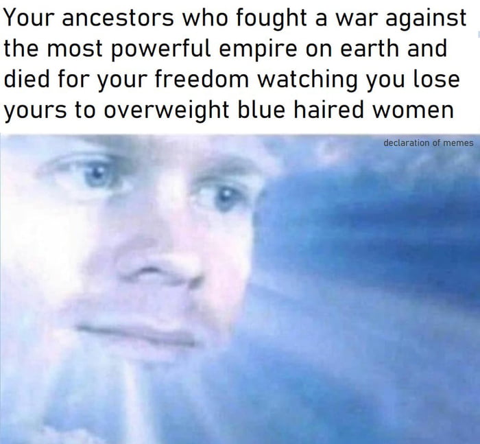 Your ancestors who fought a war against the most powerful empire on earth and died for your freedom watching you lose yours to overweight blue haired women