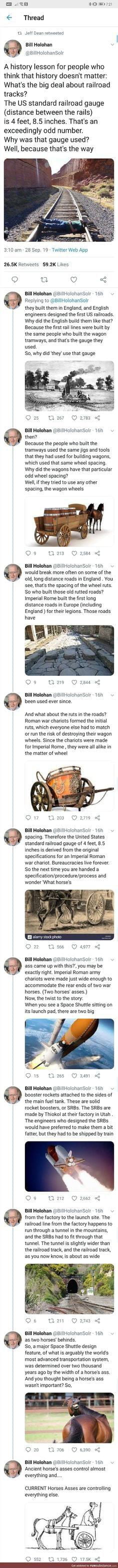 on 30 0 Thread 0 Jeff Dean retweeted Bill Holohan 8illHolohanSolr A history lesson for people who think that history doesnt matter Whats the big deal about railroad tracks The US standard railroad gauge distance between the rails is 4 feet 85 inches Thats an exceedingly odd number Why was that gauge used Well because thats the way 310 am Sep 19 Twitter Web App 265K Retweets 592K Likes a 3 Bill Hol