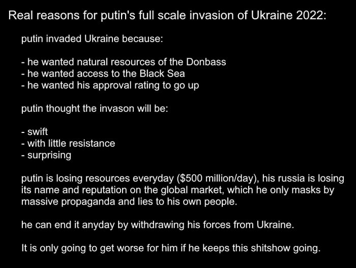 Real reasons for putins full scale invasion of Ukraine 2022 putin invaded Ukraine because he wanted natural resources of the Donbass he wanted access to the Black Sea he wanted his approval rating to go up putin thought the invason will be swift with lte resistance surprising putin s losing resources everyday 500 milliorday his russia is losing its name and reputation on the global market which he
