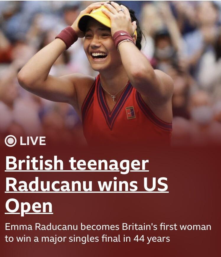 VA4 LIVE British teenager REL LTRSS 05 Emma Raducanu becomes Britains first woman to win a major singles final in 44 years