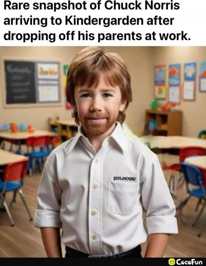 Rare snapshot of Chuck Norris arriving to Kindergarten after dropping off his parents at work.