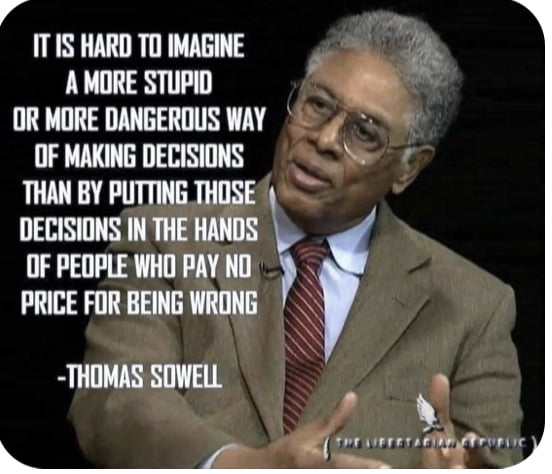 4 Y IT IS HARD TO IMAGINE 2 A MORE STUPID A Q OR MORE DANGEROUS WAY OF MAKNG DECISDNS o THAN BY PUTTING THISE DECISIONS IN THE HANDS OF PEOPLE WHO PAYD PRICE FOR BEING WRONG THOMAS SOWELL 1 s B crruirrers ERp e
