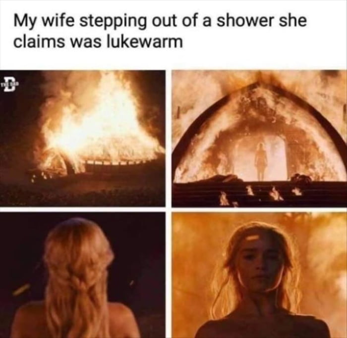 My wife stepping out of a shower she claims was lukewarm