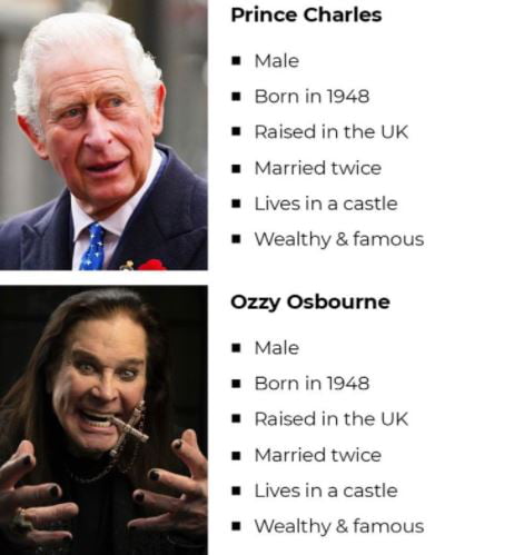 Prince Charles Male Bornin1948 Raised in the UK Married twice Livesin a castle Wealthy famous 0Ozzy Osbourne Male Born in1948 Raised in the UK Married twice Livesin a castle Wealthy famous