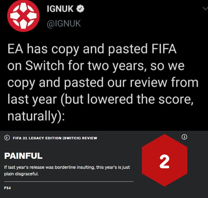 IGNUK IEINV EA has copy and pasted FIFA on Switch for two years so we oTe T oIS To oIV LIV TE1A e last year but lowered the score QETTETIE YT T enp PAINFUL If last years release was borderline insulting this years is just plain disgraceful PS4