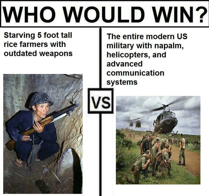 WHO WOULD WIN Starving 5 foot tall The entire modern US rice farmers with military with napalm outdated weapons helicopters and advanced communication systems