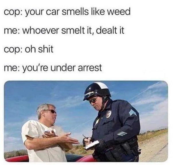 cop your car smells like weed me whoever smelt it dealt it cop oh shit me youre under arrest