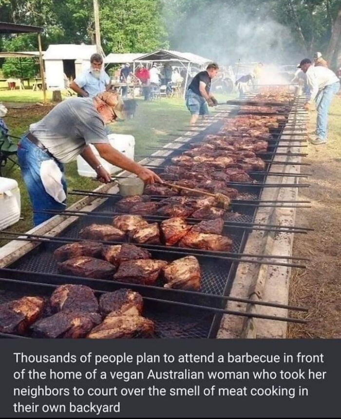 Thousands of people plan to attend a barbecue in front of the home of a vegan Australian woman who took her neighbors to court over the smell of meat cooking in their own backyard