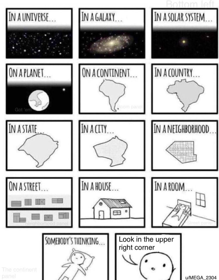 IN AUNTVERSE IN A GALAXY INASOLARSYSTEM ONASTREET SOMEBODYS THINKING Lookiin the upper e right corner y o 4 B r UMEGA 2304