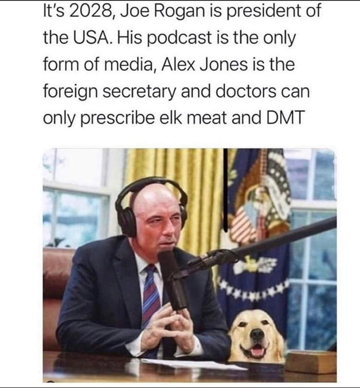 Its 2028 Joe Rogan is president of the USA His podcast is the only form of media Alex Jones is the foreign secretary and doctors can only prescribe elk meat and DMT