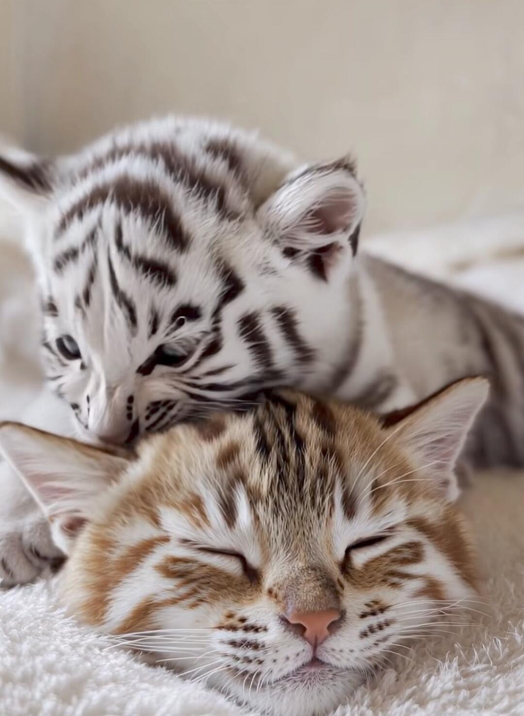 Two sleeping cats lying close to each other.