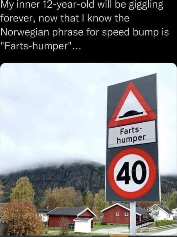 My inner 12 year old will be giggling forever now that know the Norwegian phrase for speed bump is B Ta 105 TolT ol