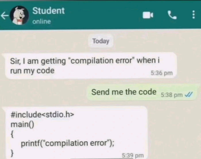 BULEY Today Sir am getting compilation error when i run my code 6 pow Send me the code 45 includestdioh main printfcompilation error 39