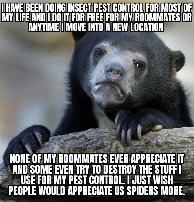 IHAVEBEEN DOINGINSECTIPESTICONTROLYFORIMOST MYLIFEINDIIDOJITIFOR FREEFORIMYROOMMATES ANYTIMEIMOVE INTO A NEW LOCATION IIBIIEIIF MY ROOMMATES EVER APPRECIATE I IIE AND SOME EVEN TRY TO DESTROY THE STUFF I USE FOR MY PEST CONTROL JUST WISH PEOPLE WOULD APPRECIATE US SPIDERS MORE