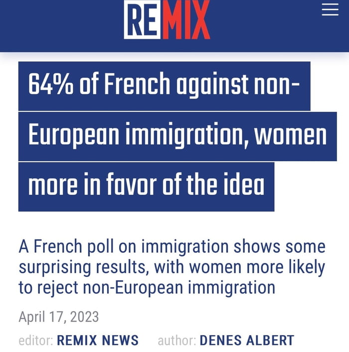 B 64 of French ngainst non European immigration women more in favor of the iden A French poll on immigration shows some surprising results with women more likely to reject non European immigration April 172023 REMIX NEWS DENES ALBERT