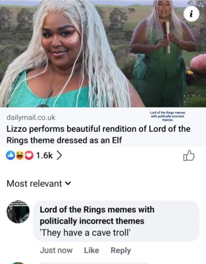 dailymailcouk Lizzo performs beautiful rendition of Lord of the Rings theme dressed as an EIf w0 16k Most relevant v Lord of the Rings memes with politically incorrect themes They have a cave troll Justnow Like Reply