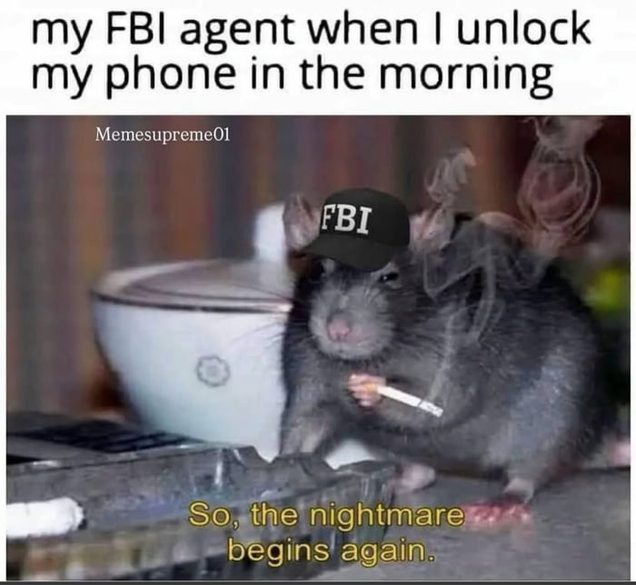 my FBI agent when I unlock my phone in the morning. Memesupreme01. FBI. So, the nightmare begins again.