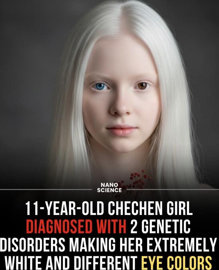 11-year-old Chechen girl diagnosed with 2 genetic disorders making her extremely white and different eye colors
