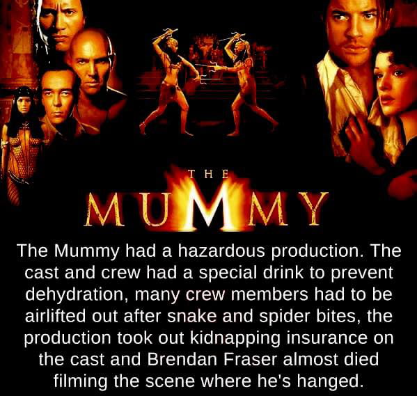 VRS Y VA The Mummy had a hazardous production The EEEULRSETREG ERLEVEIR TSGRV dehydration many crew members had to be airlifted out after snake and spider bites the production took out kidnapping insurance on the cast and Brendan Fraser almost died LUNIG R GRS EAVA IR R EU L