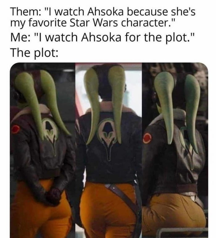 Them l watch Ahsoka because shes my favorite Star Wars character Me l watch Ahsoka for the plot The plot