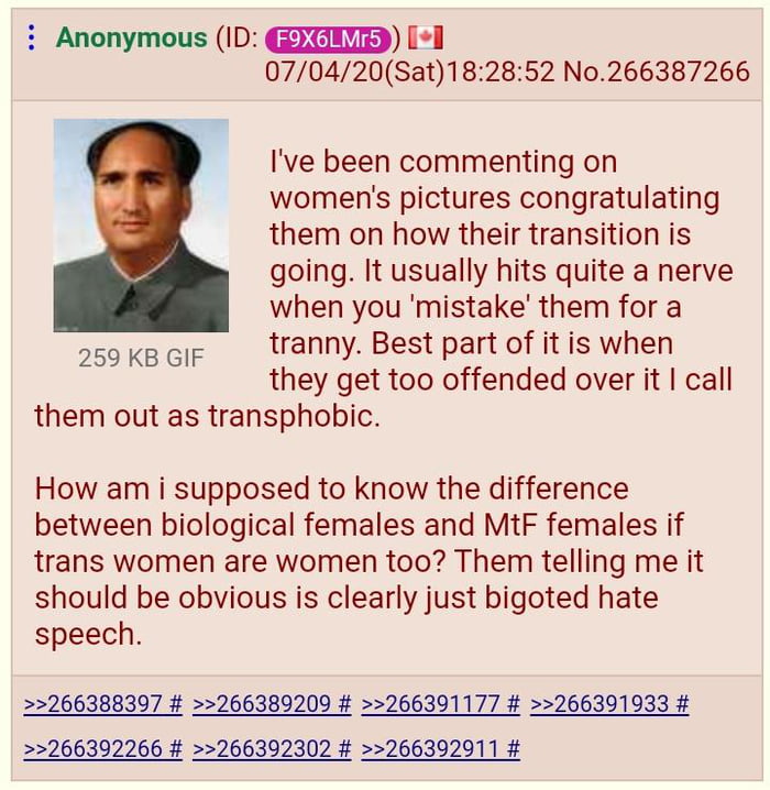 i Anonymous ID GZENYD 1 070420Sat182852 No266387266 Ive been commenting on womens pictures congratulating them on how their transition is going It usually hits quite a nerve when you mistake them for a 250 KB GIF tranny Best part of it is when they get too offended over it call them out as transphobic How am i supposed to know the difference between biological females and MtF females if trans wome