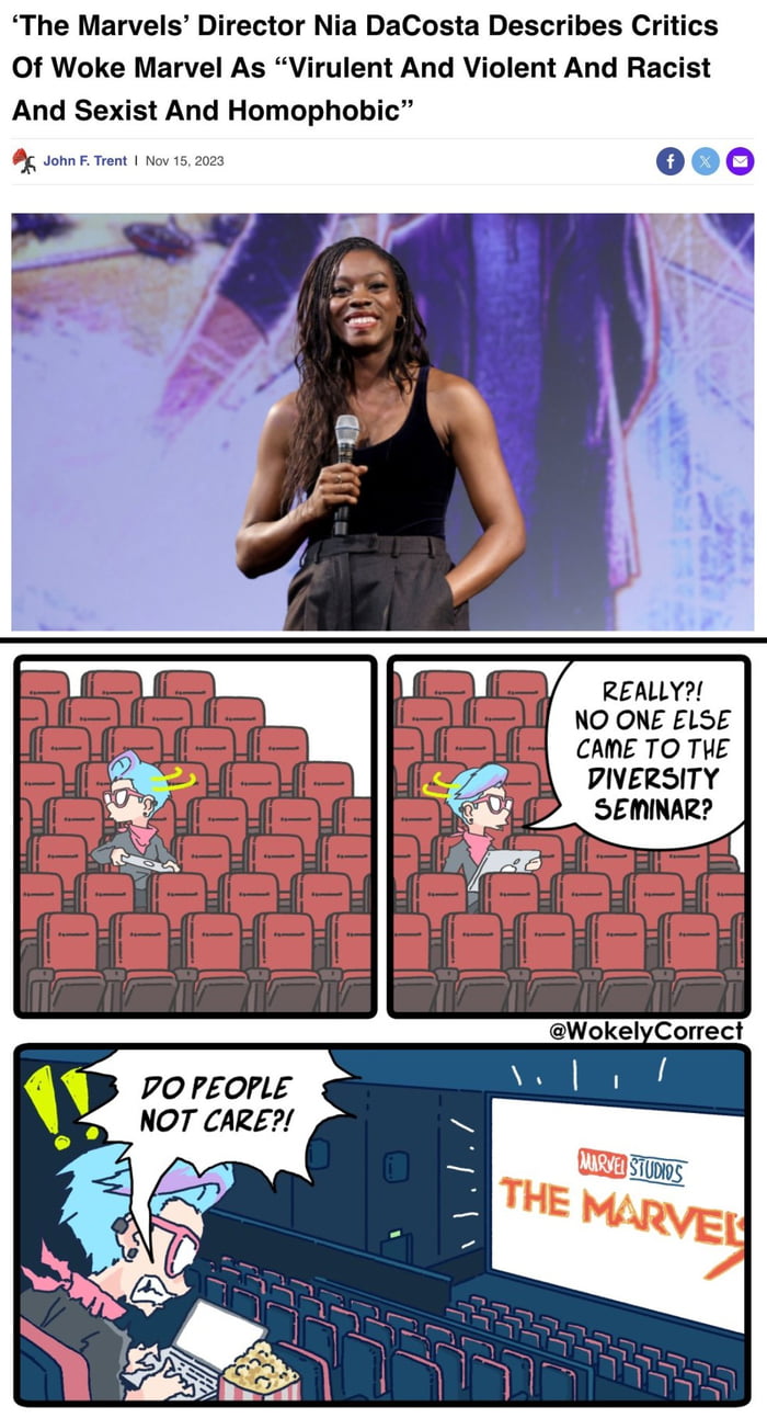 The Marvels Director Nia DaCosta Describes Critics Of Woke Marvel As Virulent And Violent And Racist And Sexist And Homophobic 000 h v NOONE 15E H CAME TO THE 0 PIVERSITY T4 P roreore NOT CARE