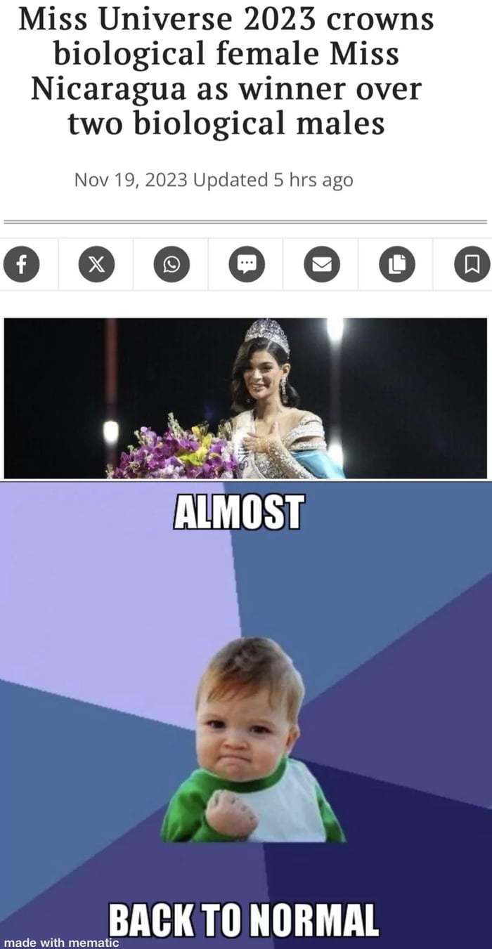 Miss Universe 2023 crowns biological female Miss Nicaragua as winner over two biological males Nov 19 2023 Updated 5 hrs ago BACK T0O NORMAL s Ut Insritio