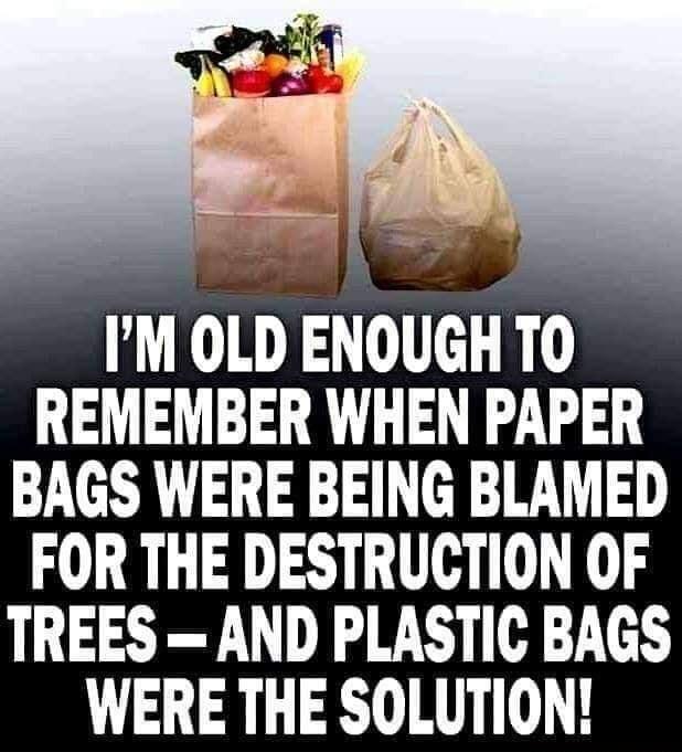 IM OLD ENOUGH TO REMEMBER WHEN PAPER BAGS WERE BEING BLAMED FOR THE DESTRUCTION OF TREES AND PLASTIC BAGS WERE THE SOLUTION