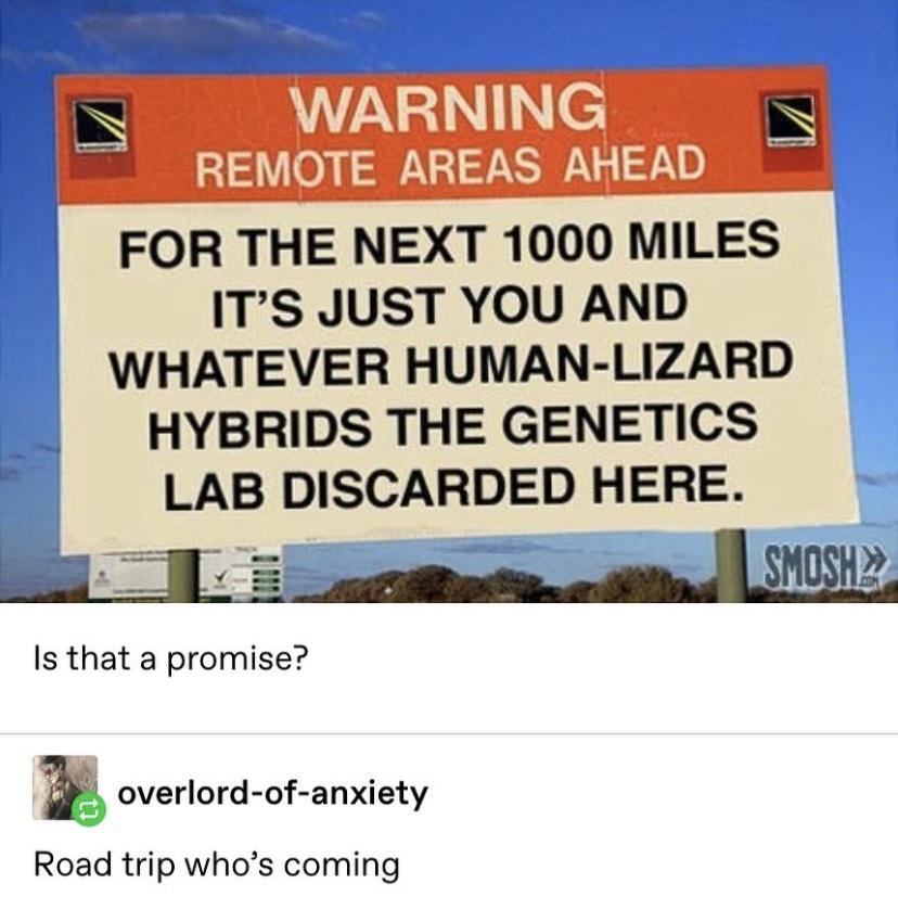WARNING REMOTE AREAS AHEAD FOR THE NEXT 1000 MILES ITS JUST YOU AND WHATEVER HUMAN LIZARD HYBRIDS THE GENETICS LAB DISCARDED HERE SMOSH2 Is that a promise M overlord of anxiety Road trip whos coming