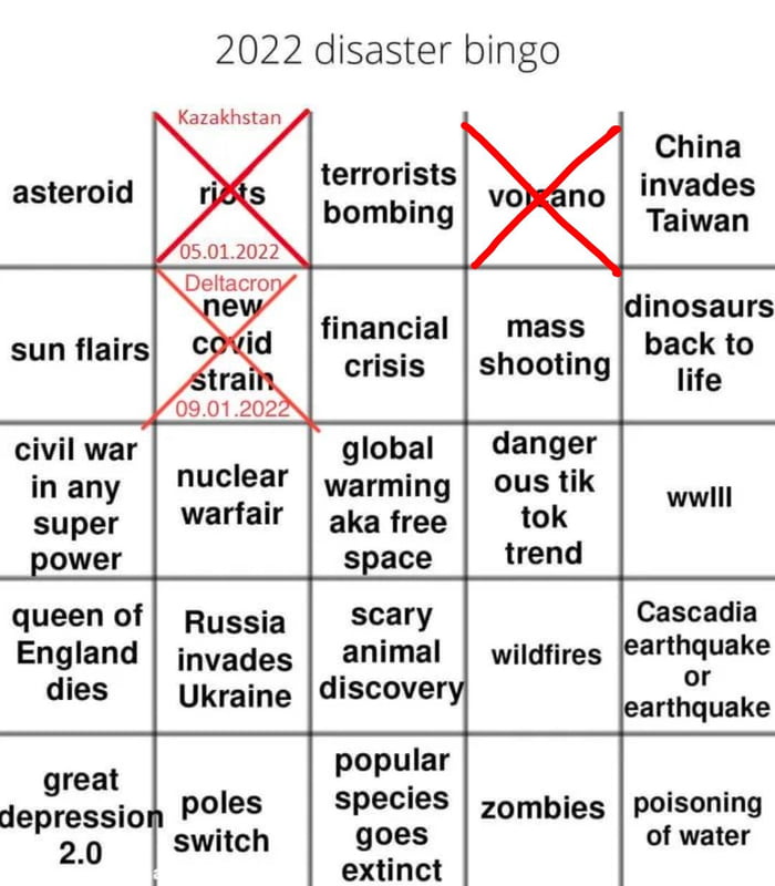 2022 disaster bingo Kazakhstan P China invades Taiwan terrorists bombing asteroid pEa N e mass shooting Del otid 0901202 civil war global in any nucler warming super warfair aka free power queen of Russia England invades dies ykraine popular great o depression Poles SPECIES zompjes poisoning 20 switch goes of water extinct