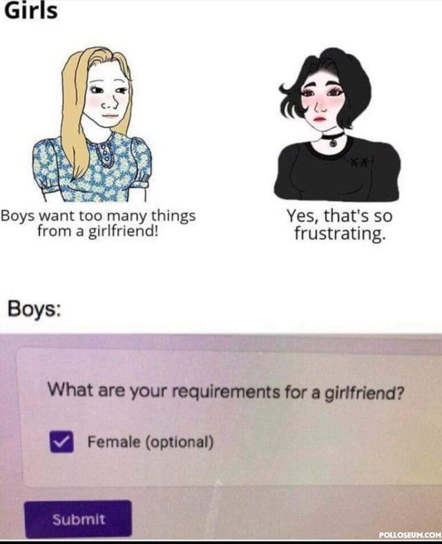 Girls Boys want too many things Yes thats so from a girlfriend frustrating Boys What are your requirements for a girlfriend Female optional